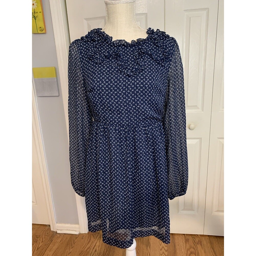 Free People Women’s Blue With White Dots, Ruffled Long Sleeve Mini Dress Lined 4